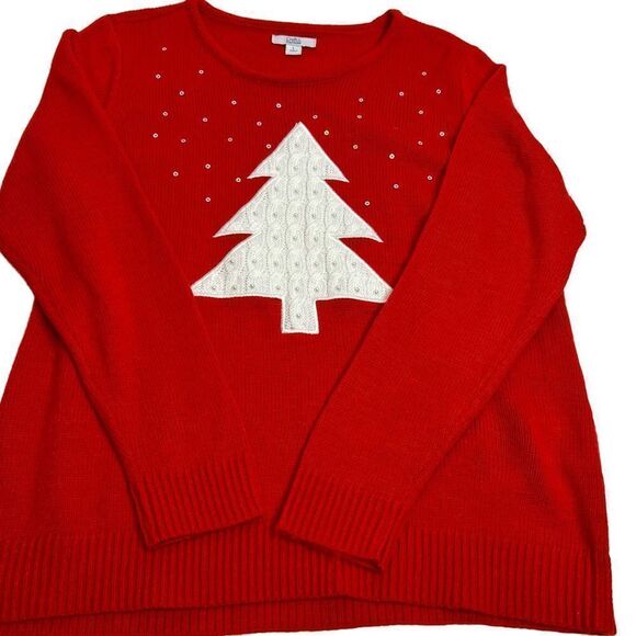 Croft & Barrow red crew neck Christmas sweater with white tree and pearls size L - Picture 12 of 15